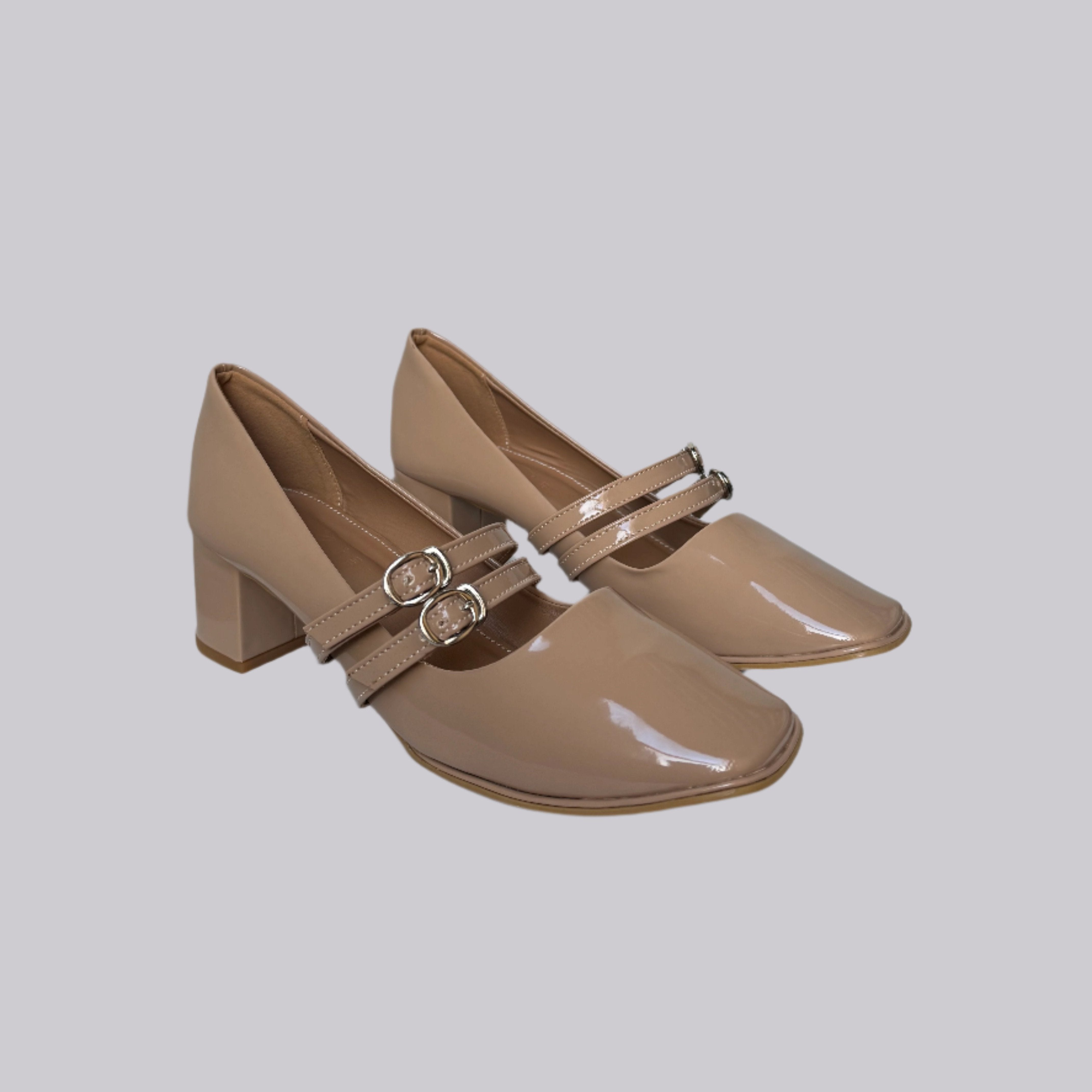 MARY JANES BEIGE - BLOCK HEELS - ZEVIDA.PK