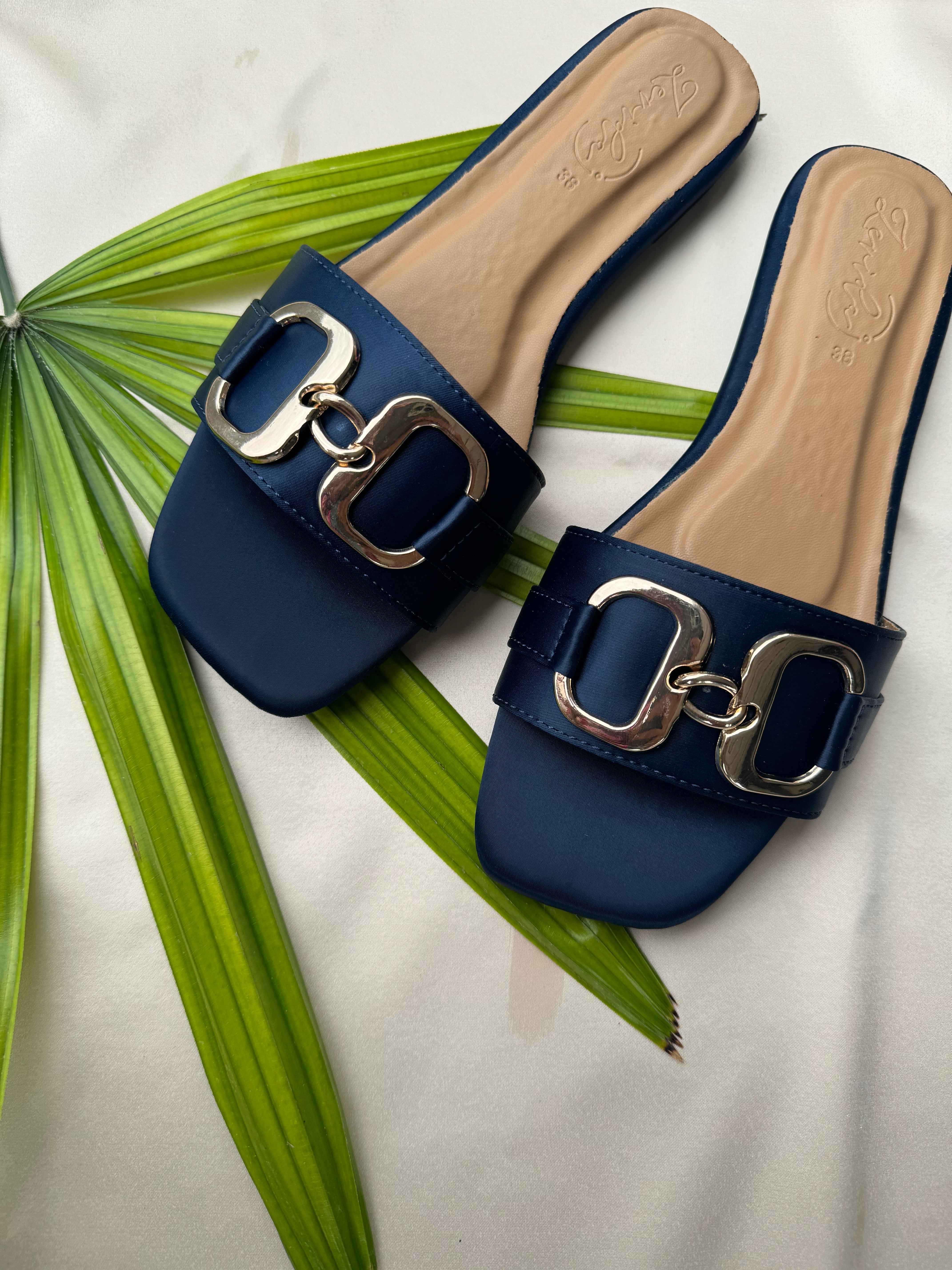 DARK BLUE BUCKLE SLIDES